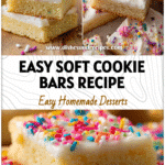 Square pan of sugar cookie bars cut into neat chewy slices with frosting and sprinkles on top.